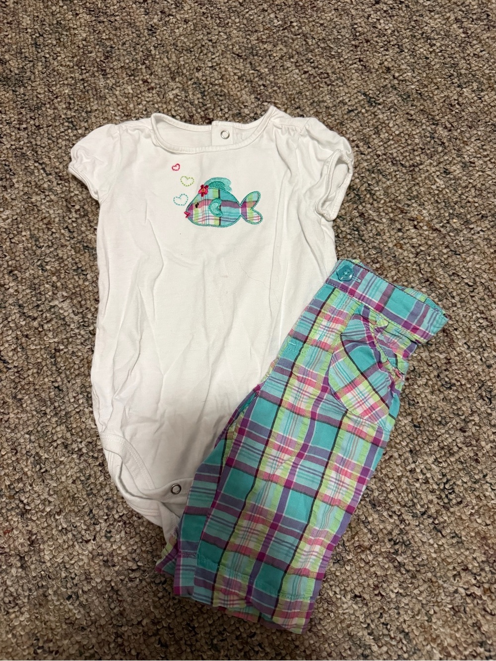 Baby Short Sleeve Onesie & Plaid Pants Set - White and Aqua